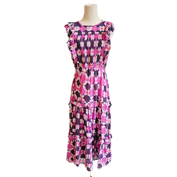 BANJANAN Pink Flower FLoral Flutter Tiered Cotton Maxi Fit Flare Dress MEDIUM 8 - Picture 1 of 5